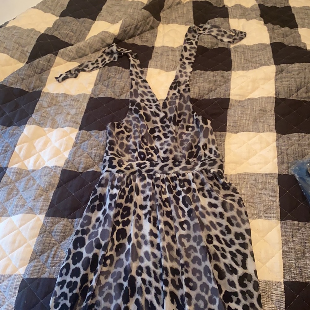Express leopard print black grey and cream halter dress